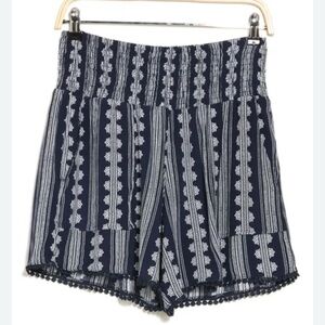Three Dots pull on shorts XS Navy and White striped Batik with mini pom poms
